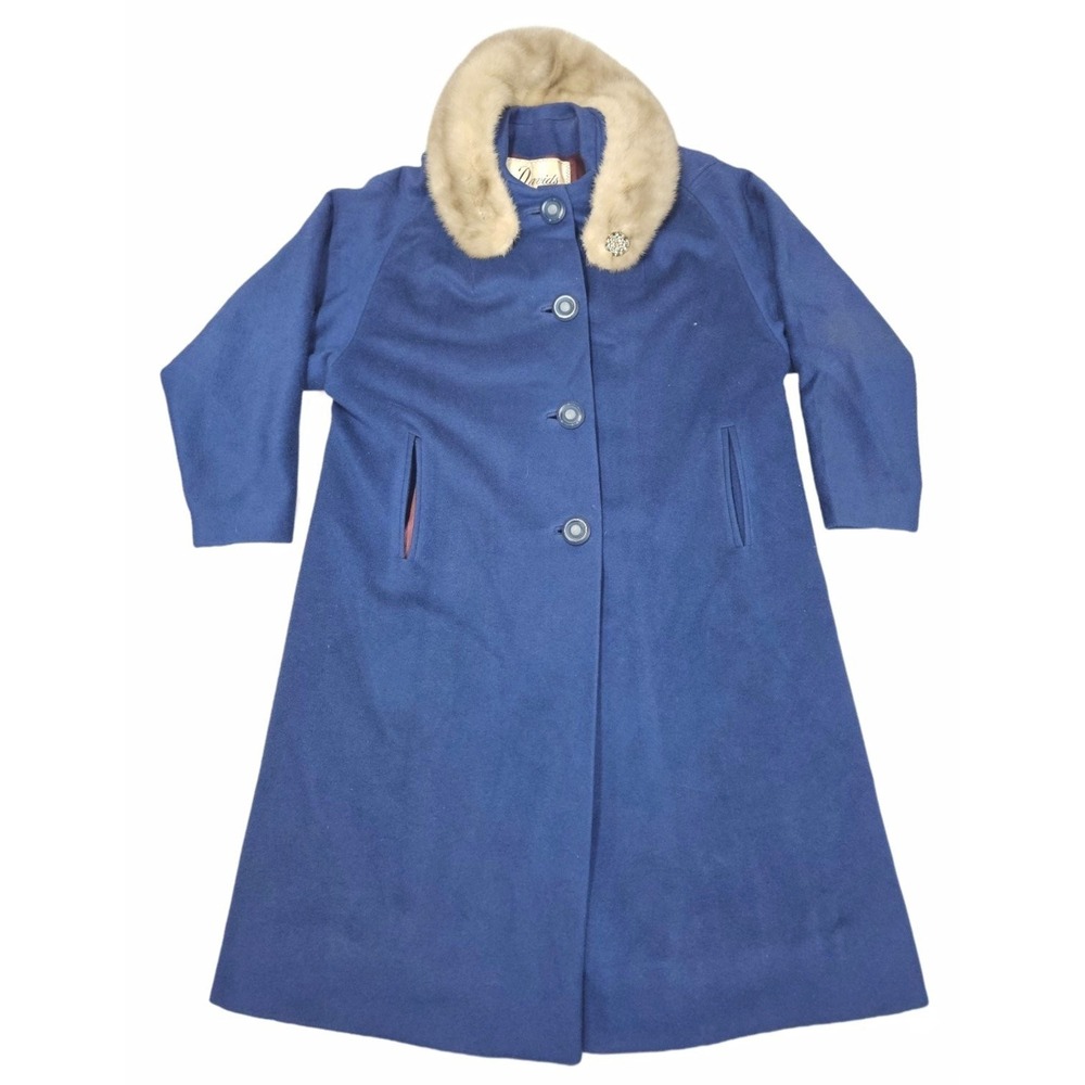 Vintage Davids Royal Blue Wool Fur Collar Coat Rhinestone Button Swing Midi
